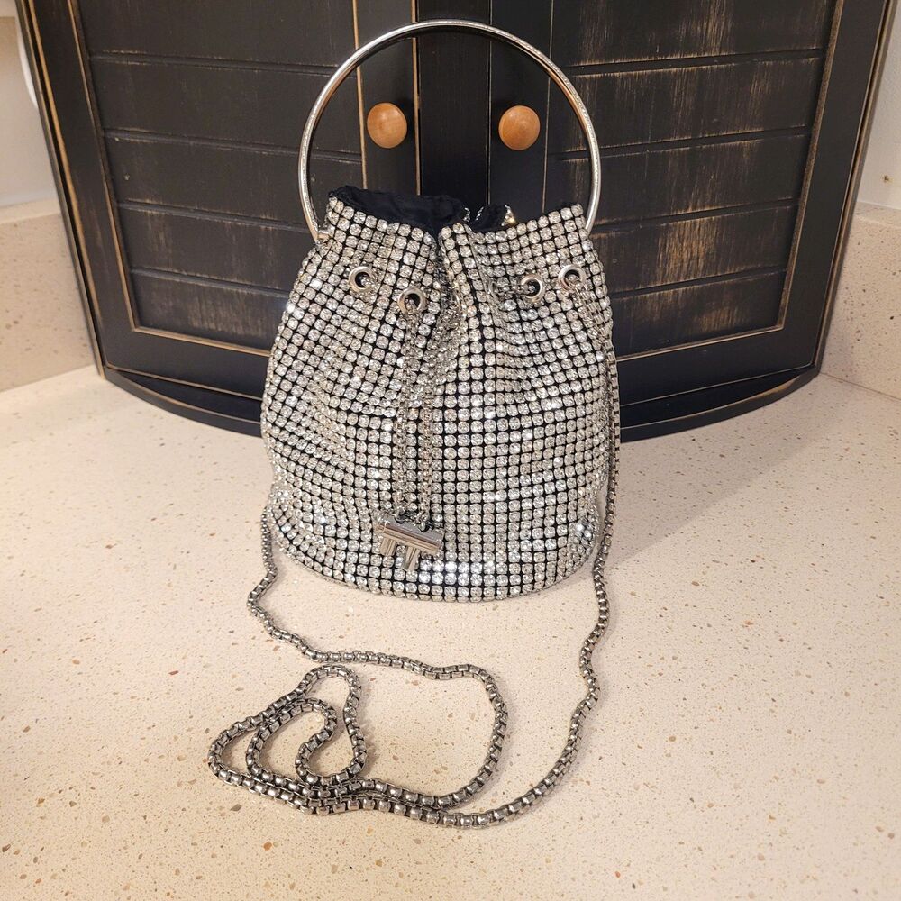 Expressions NYC Rhinestone Embellished Bucket Bag Metal Ring Handle Chain Strap
